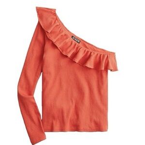 J Crew One Shoulder Top Blouse Ruffle Ribbed Coral Orange Size Large